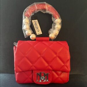 BADGLEY MISCHKA Red Quilted Handbag with Pearl Handle